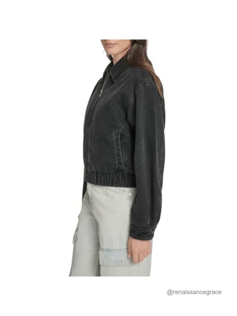 100% Cotton Denim Bomber Jacket Laydown Collar Zip Casual